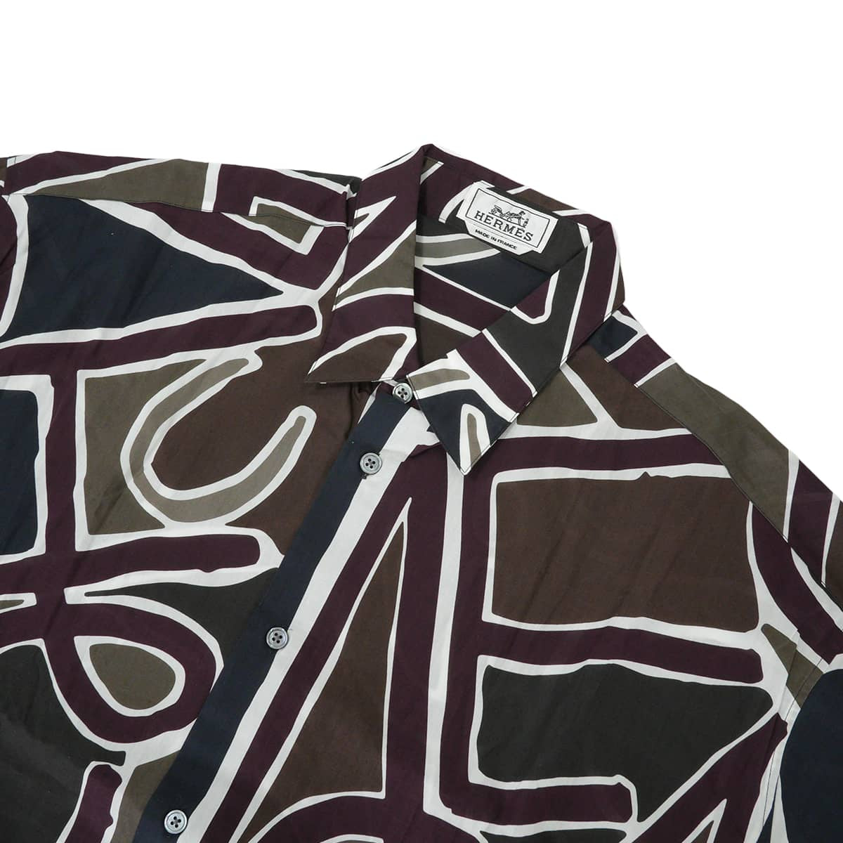 HERMES Long sleeve shirt Men's Printed Blanc (White)/Noir (Black)/Navy/Bordeaux/Brown Cotton100% #41[EXCELLENT][Authentic]