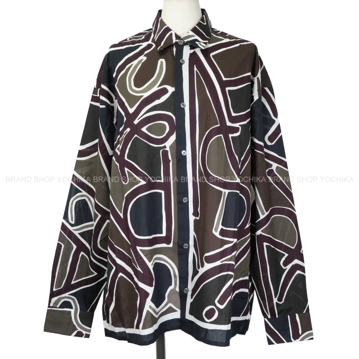 HERMES Long sleeve shirt Men's Printed Blanc (White)/Noir (Black)/Navy/Bordeaux/Brown Cotton100% #41[EXCELLENT][Authentic]