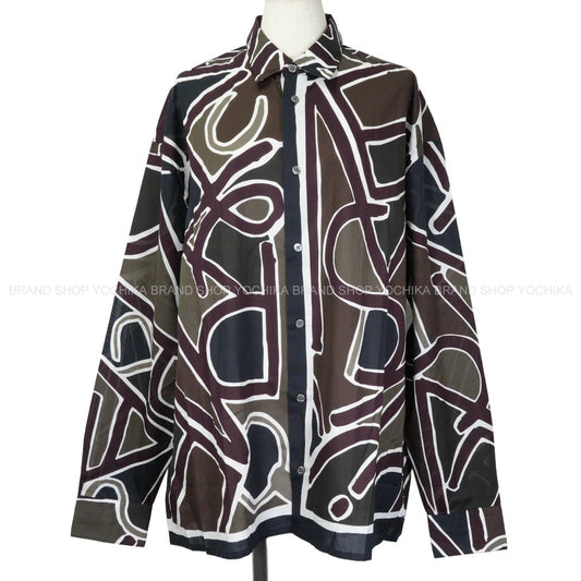HERMES Long sleeve shirt Men's Printed Blanc (White)/Noir (Black)/Navy/Bordeaux/Brown Cotton100% #41[EXCELLENT][Authentic]