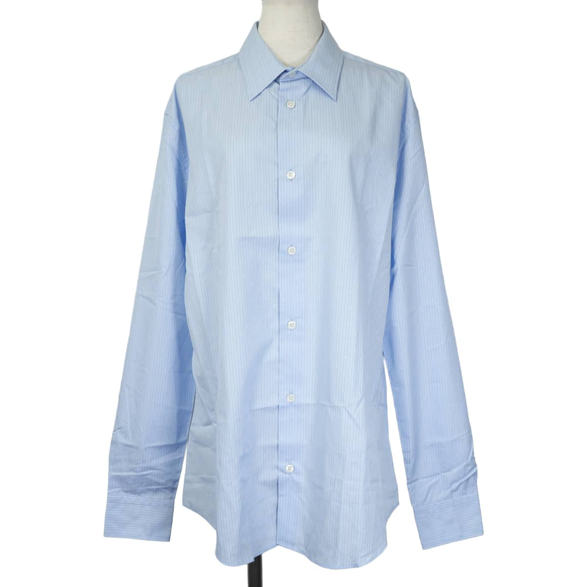 HERMES Long sleeve shirt Men's dress shirt Stripe H logo Blue Cotton100% #42 Silver HW[EXCELLENT][Authentic]