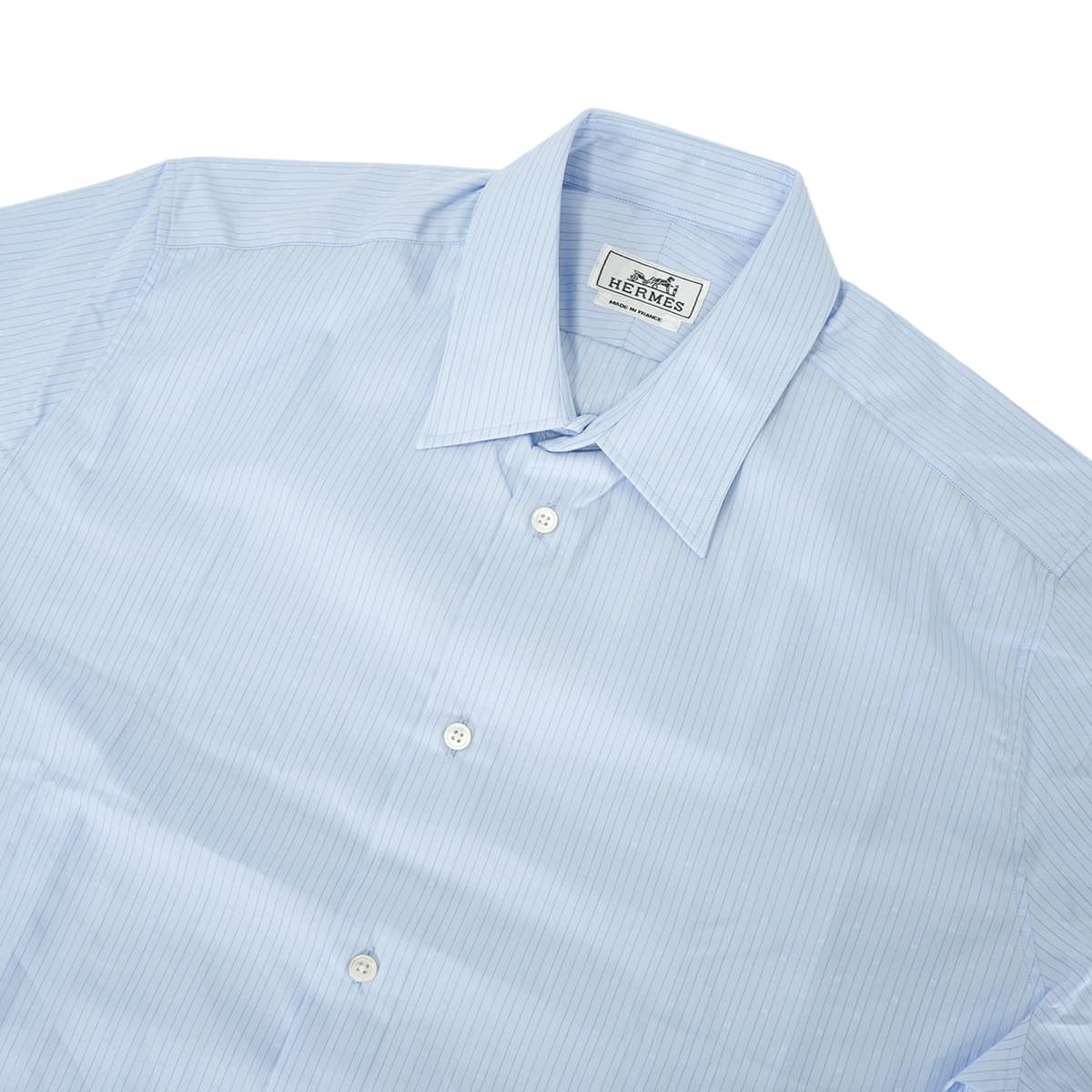 HERMES Long sleeve shirt Men's dress shirt Stripe H logo Blue Cotton100% #42 Silver HW[EXCELLENT][Authentic]