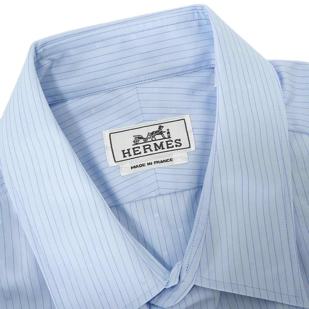 HERMES Long sleeve shirt Men's dress shirt Stripe H logo Blue Cotton100% #42 Silver HW[EXCELLENT][Authentic]