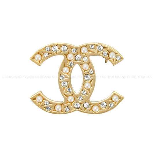 CHANEL broach COCO Mark Fake Pearl Rhinestone Mini Gold Metal Mat Gold HW[EXCELLENT][Authentic]
