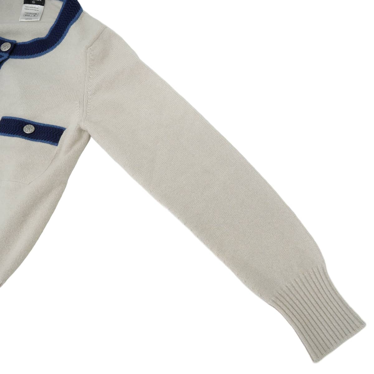 [Pre-loved] CHANEL Cardigan with COCO mark metal buttons Knit Ivory/Blue Cashmere #38 Silver HW P45335[LIKE NEW][Authentic]