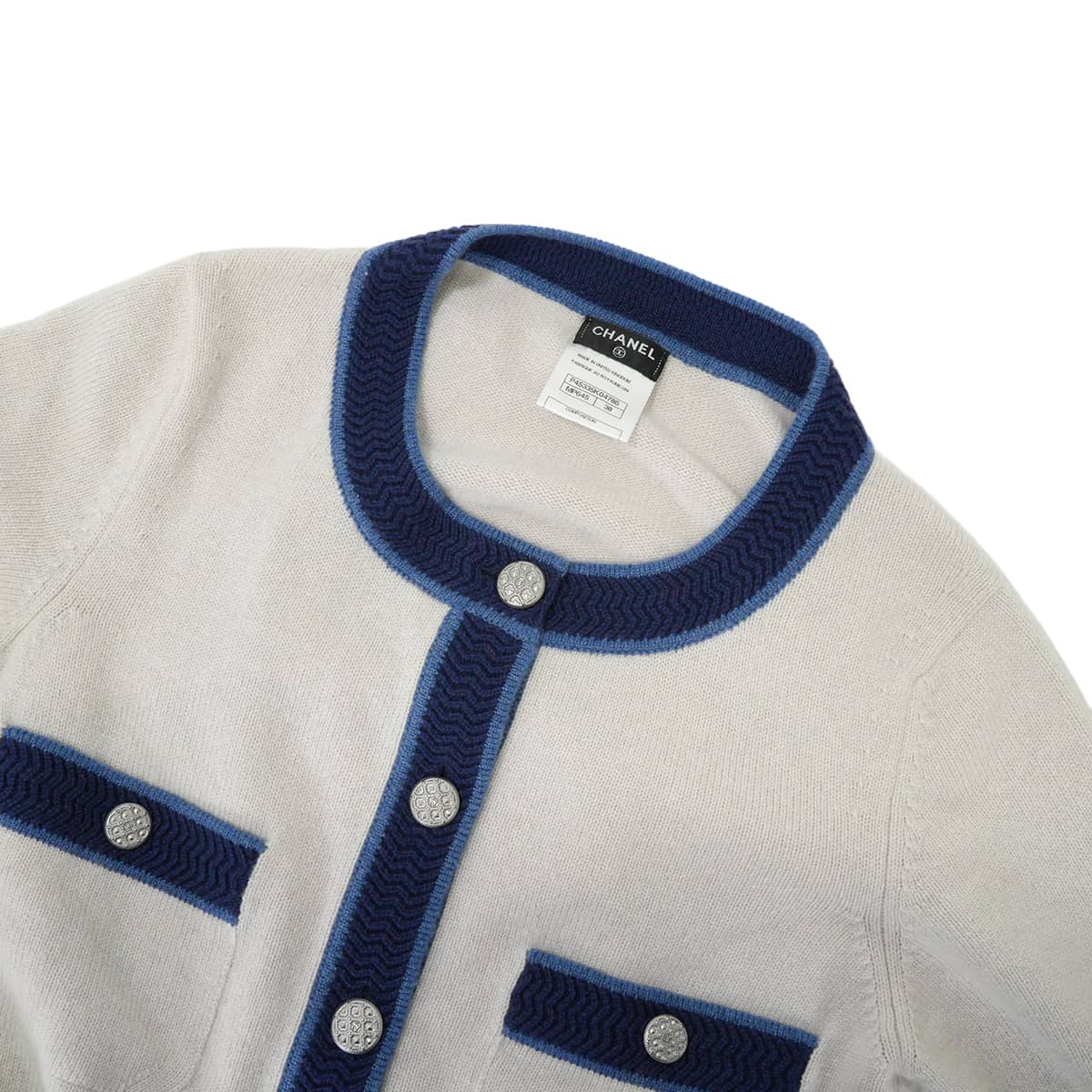 [Pre-loved] CHANEL Cardigan with COCO mark metal buttons Knit Ivory/Blue Cashmere #38 Silver HW P45335[LIKE NEW][Authentic]