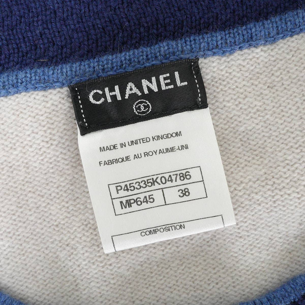 [Pre-loved] CHANEL Cardigan with COCO mark metal buttons Knit Ivory/Blue Cashmere #38 Silver HW P45335[LIKE NEW][Authentic]