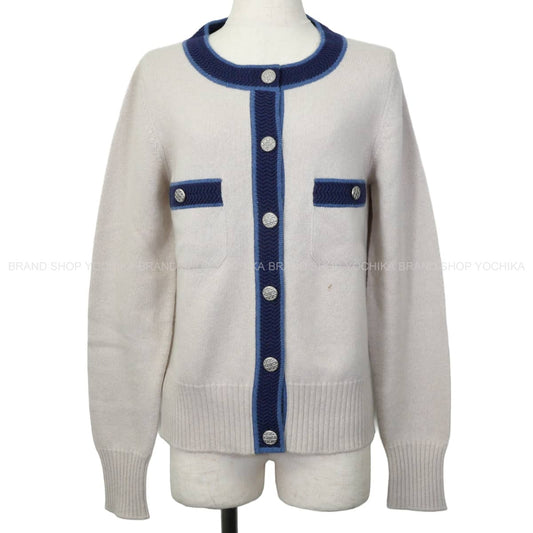 [Pre-loved] CHANEL Cardigan with COCO mark metal buttons Knit Ivory/Blue Cashmere #38 Silver HW P45335[LIKE NEW][Authentic]