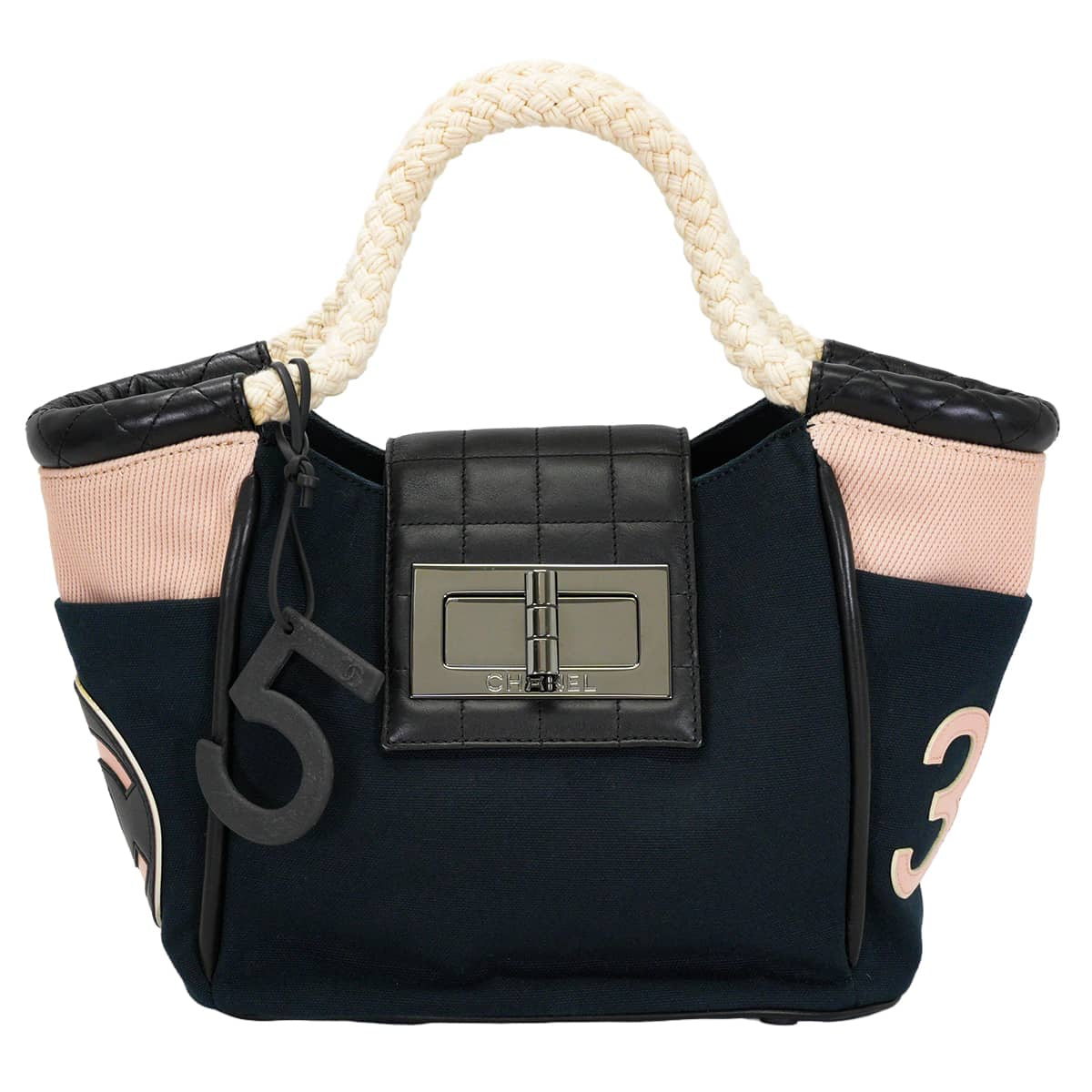 [Pre-loved] CHANEL Handbag Choco Bar Rope Handle COCO Mark No. 5 Navy/Pink/Multicolor Canvas Silver HW A28010[LIKE NEW][Authentic]