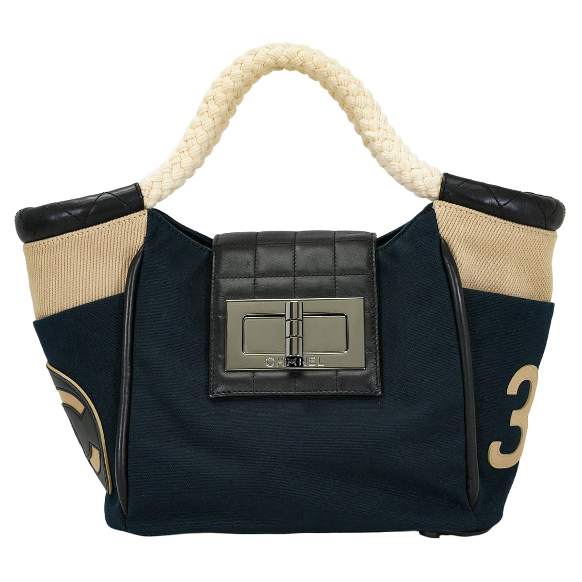 [Pre-loved] CHANEL Handbag Choco bar Rope handle COCO Mark No. 5 Navy/Beige/Multicolor Canvas Silver HW A28010[LIKE NEW][Authentic]