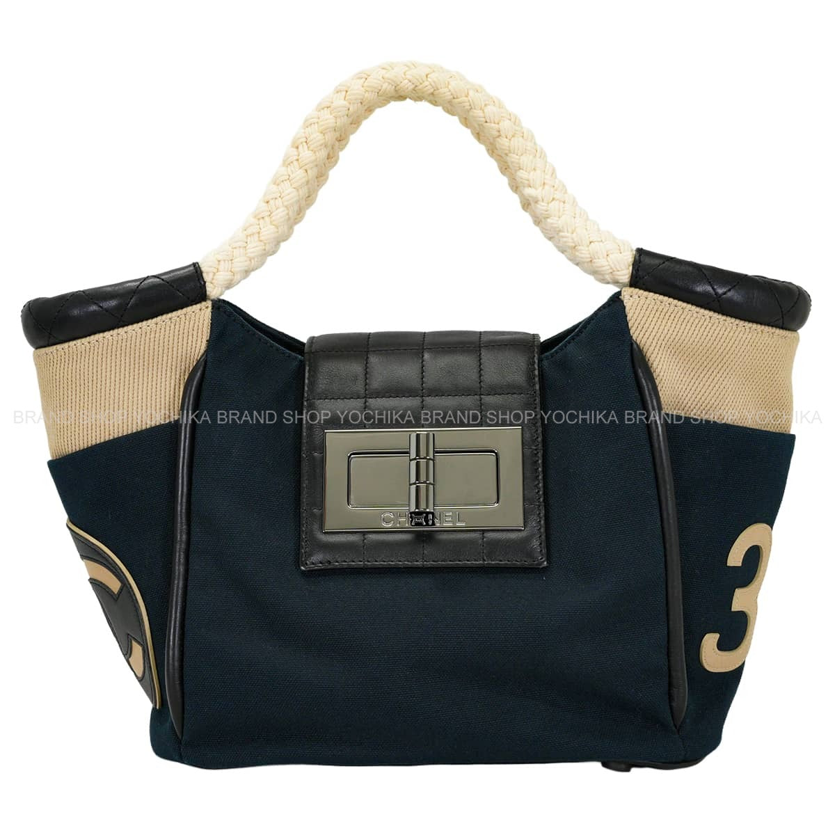 [Pre-loved] CHANEL Handbag Choco bar Rope handle COCO Mark No. 5 Navy/Beige/Multicolor Canvas Silver HW A28010[LIKE NEW][Authentic]