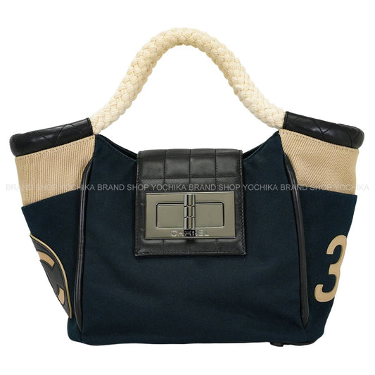 [Pre-loved] CHANEL Handbag Choco bar Rope handle COCO Mark No. 5 Navy/Beige/Multicolor Canvas Silver HW A28010[LIKE NEW][Authentic]