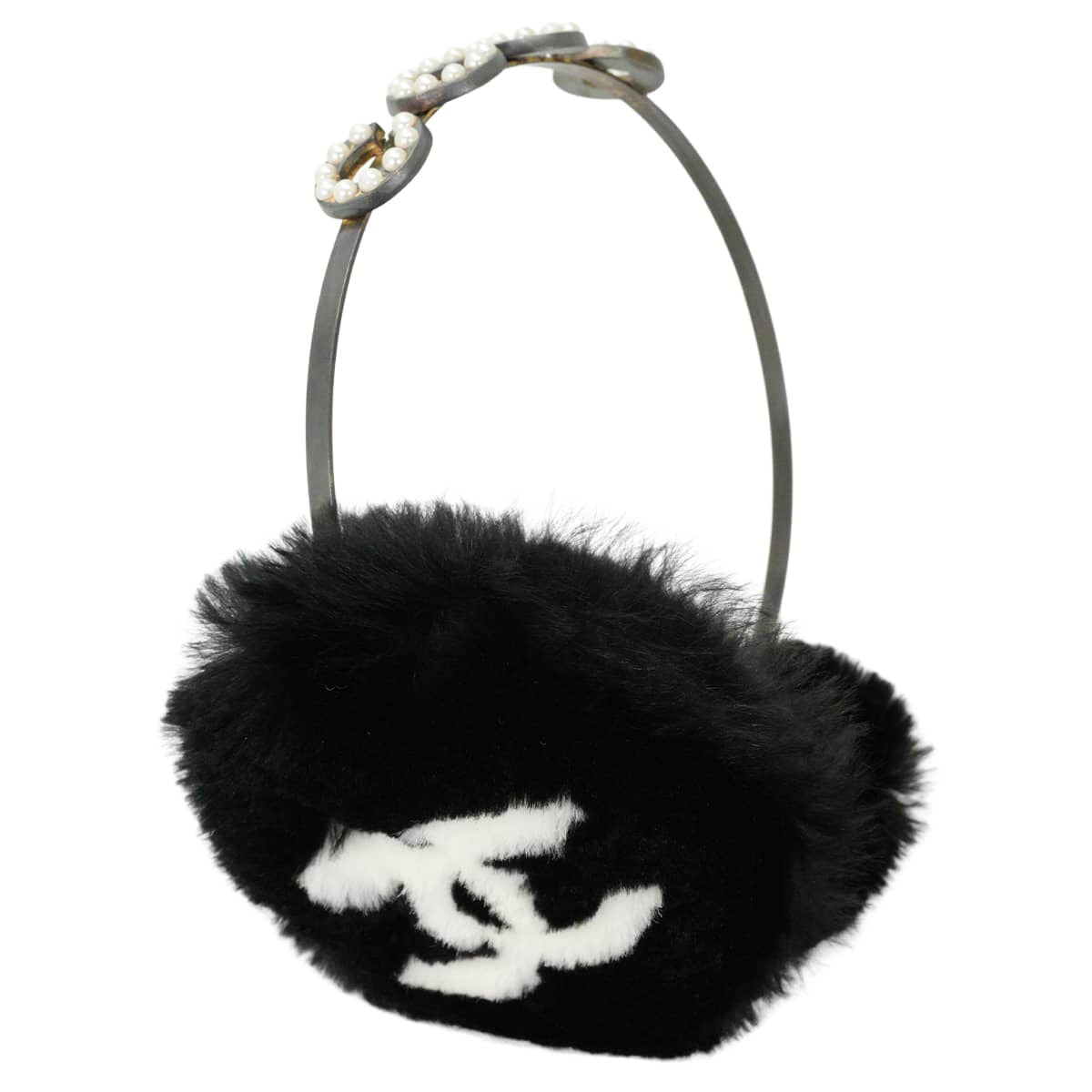 [Pre-loved] 2001AW CHANEL ear protectors Vintage Pearl COCO Mark Fur Noir (Black)/Blanc (White) Lapin A17515[USED A][Authentic]