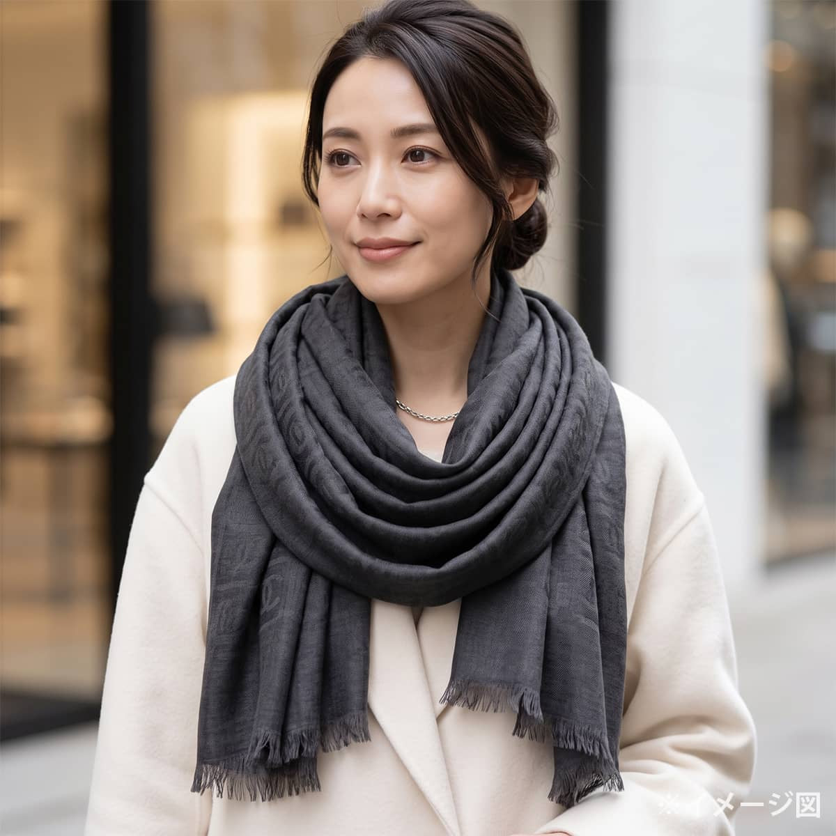 [Pre-loved] CHANEL Stall Large size COCO Mark Noir (Black)Charcoal Gray Cashmere/Silk[LIKE NEW][Authentic]