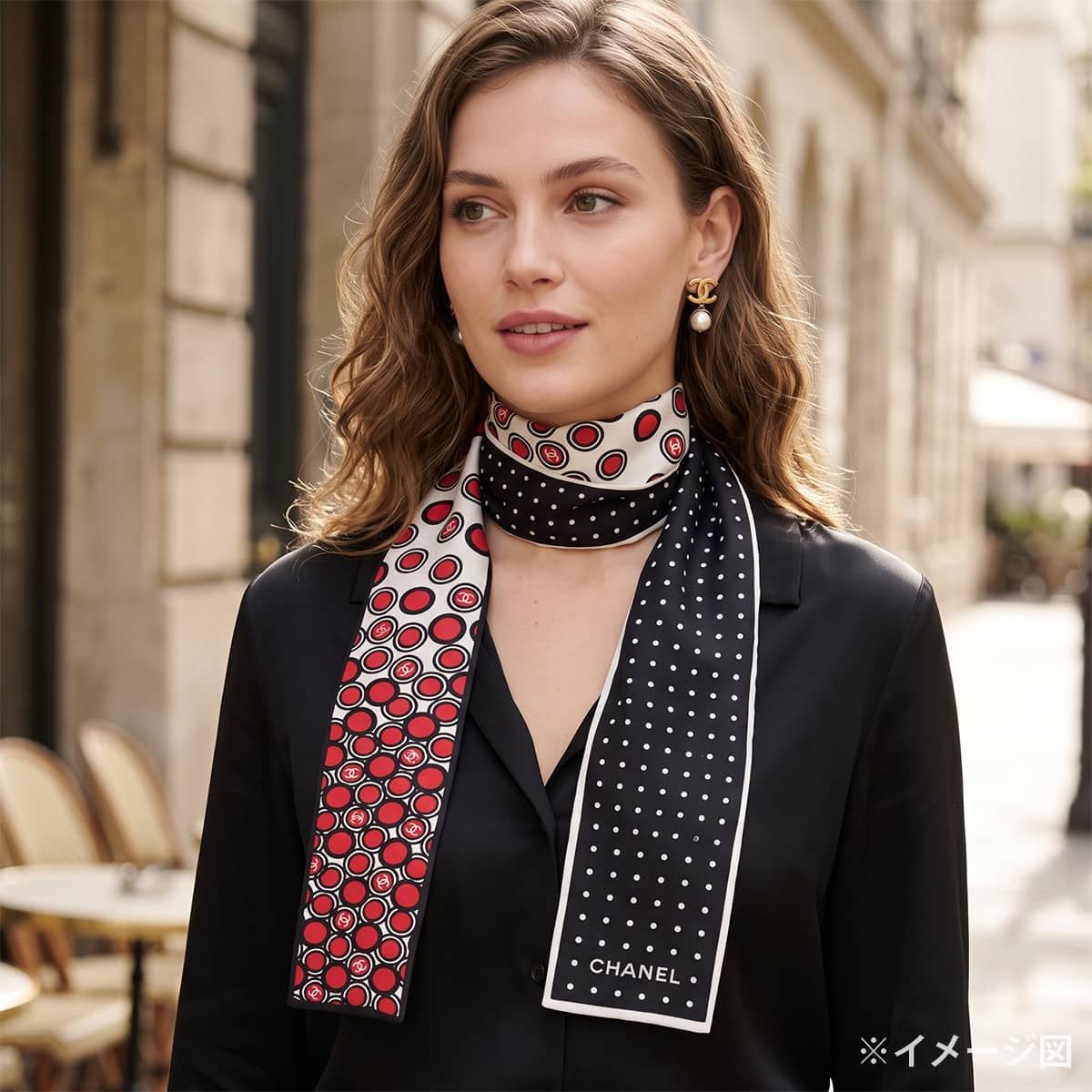 CHANEL scarf Long COCO Mark Dot Red/Noir (Black)/Blanc (White) Silk[EXCELLENT][Authentic]