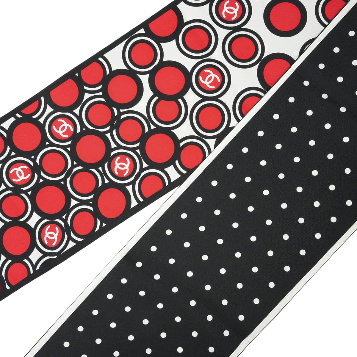 CHANEL scarf Long COCO Mark Dot Red/Noir (Black)/Blanc (White) Silk[EXCELLENT][Authentic]