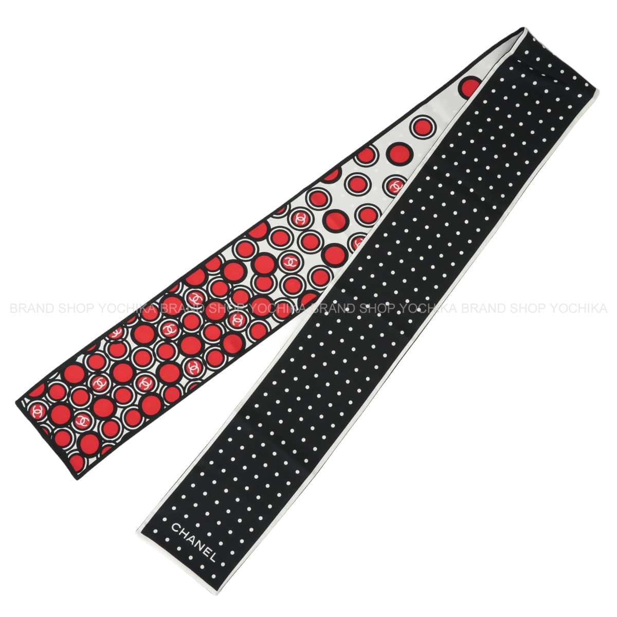 CHANEL scarf Long COCO Mark Dot Red/Noir (Black)/Blanc (White) Silk[EXCELLENT][Authentic]