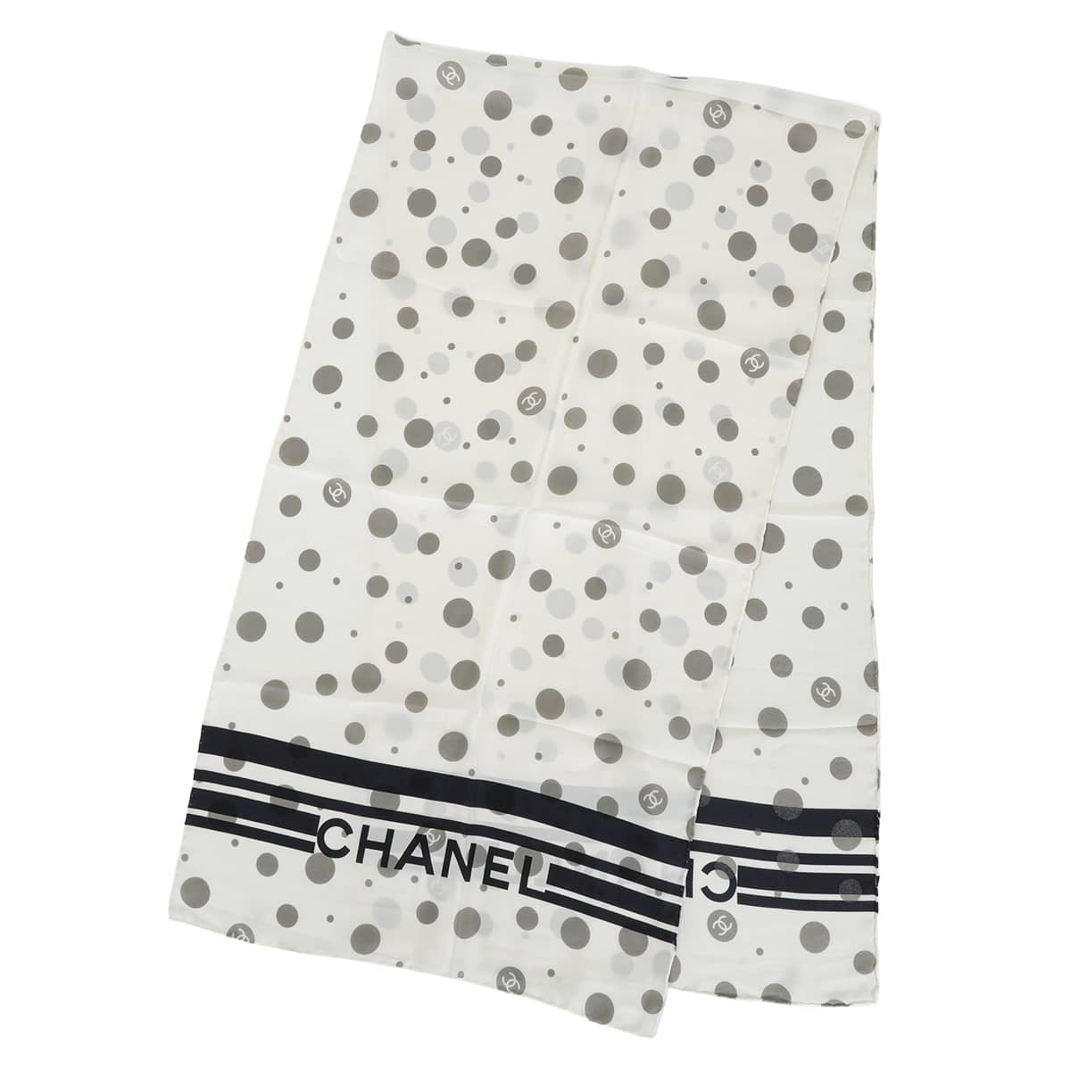 CHANEL Stall COCO Mark Dot Border Blanc (White)/Noir (Black)/Grey Silk[EXCELLENT][Authentic]