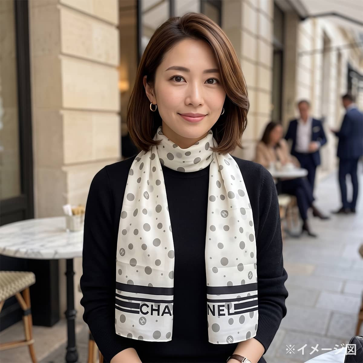 CHANEL Stall COCO Mark Dot Border Blanc (White)/Noir (Black)/Grey Silk[EXCELLENT][Authentic]