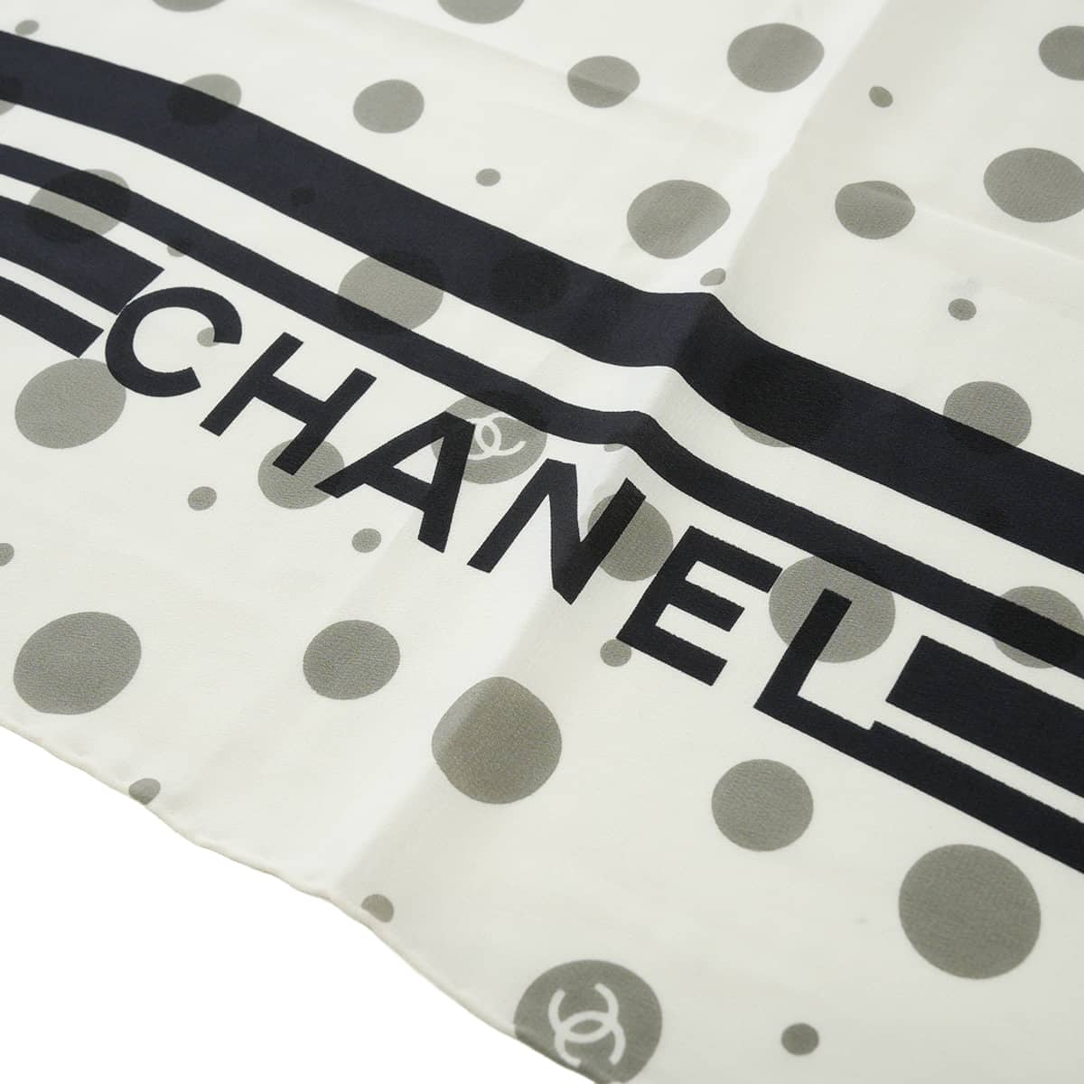 CHANEL Stall COCO Mark Dot Border Blanc (White)/Noir (Black)/Grey Silk[EXCELLENT][Authentic]