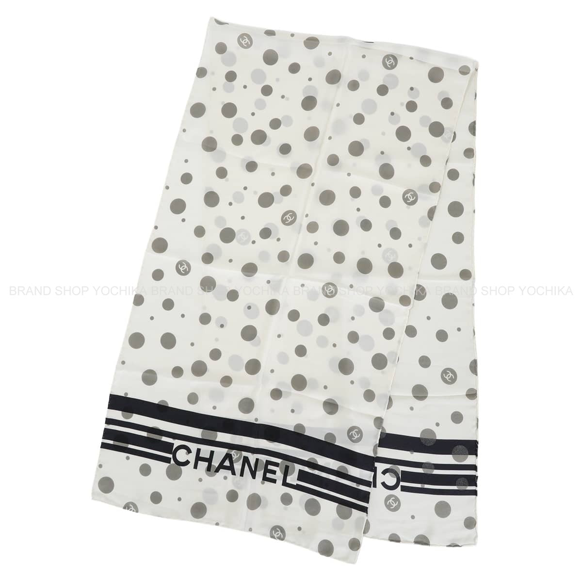 CHANEL Stall COCO Mark Dot Border Blanc (White)/Noir (Black)/Grey Silk[EXCELLENT][Authentic]