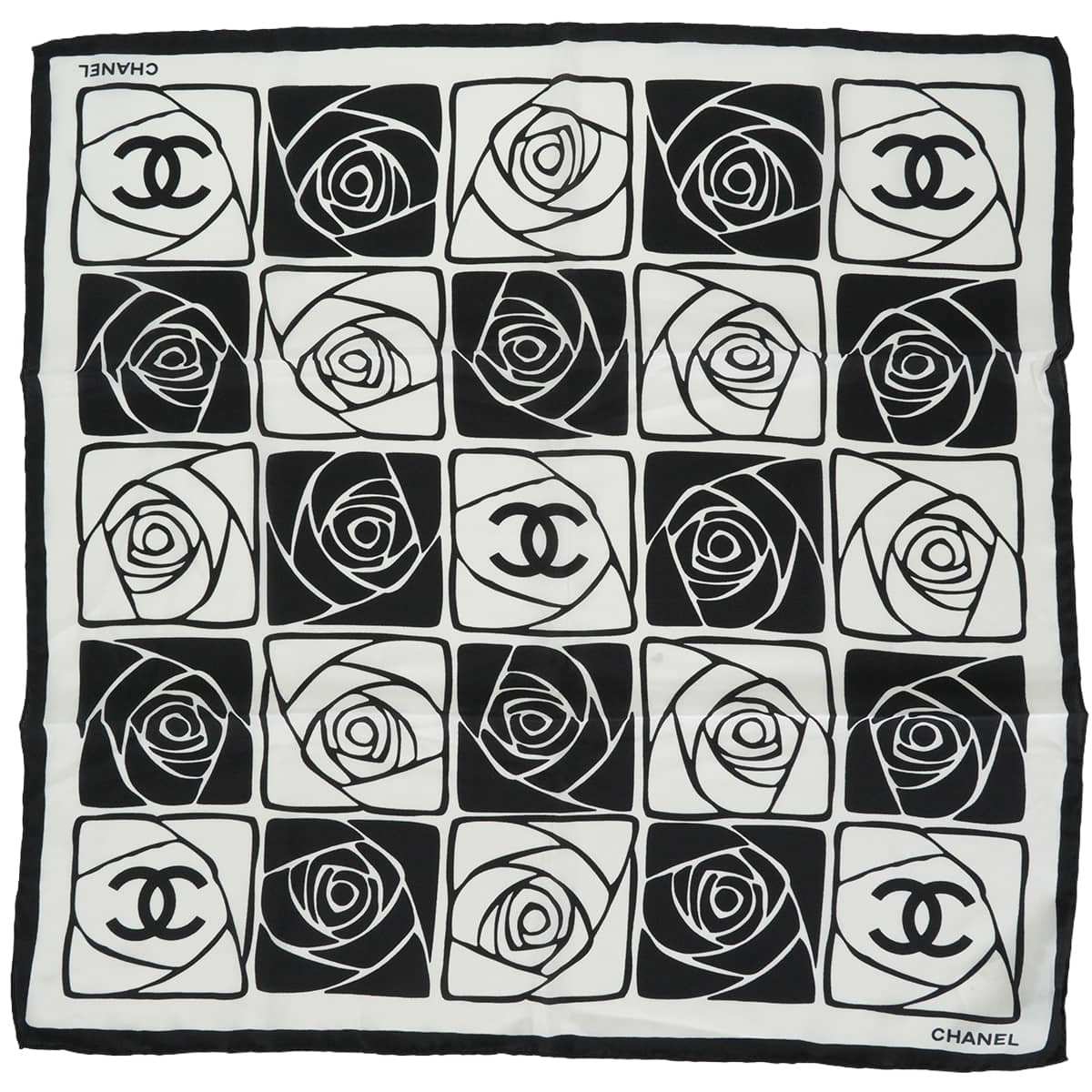 CHANEL scarf COCO Mark Camellia Noir (Black)/Blanc (White) Silk[EXCELLENT][Authentic]