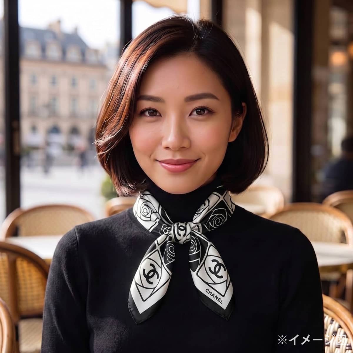 CHANEL scarf COCO Mark Camellia Noir (Black)/Blanc (White) Silk[EXCELLENT][Authentic]
