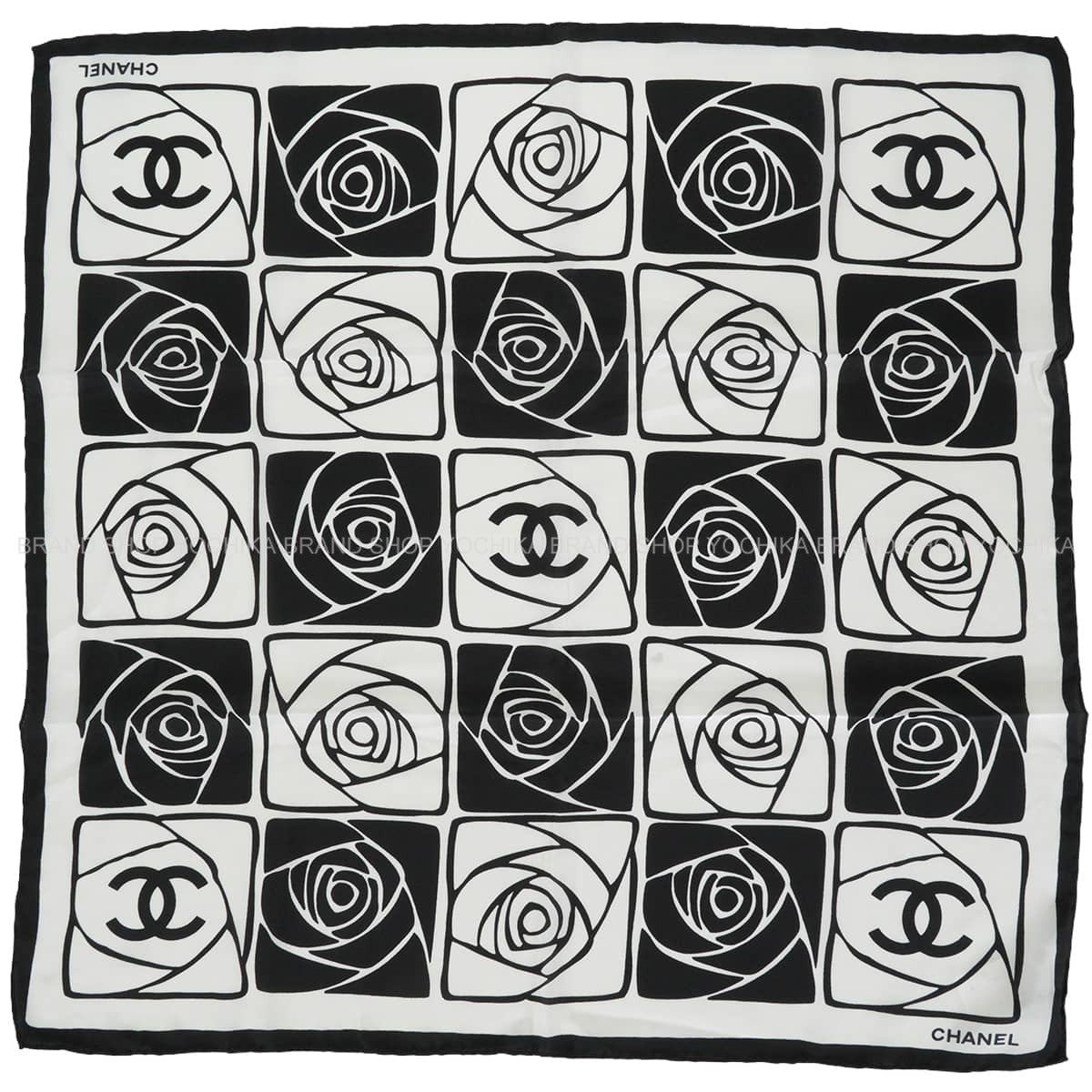 CHANEL scarf COCO Mark Camellia Noir (Black)/Blanc (White) Silk[EXCELLENT][Authentic]