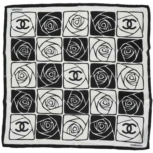 CHANEL scarf COCO Mark Camellia Noir (Black)/Blanc (White) Silk[EXCELLENT][Authentic]