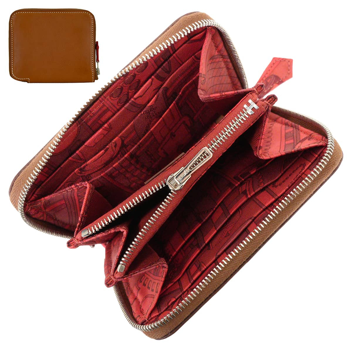 HERMES Bi-fold wallet Azap Silk'in Compact Collier de Chien Fauve/Brique Veau Barenia/Silk Silver HW Stamp □R[EXCELLENT][Authentic]