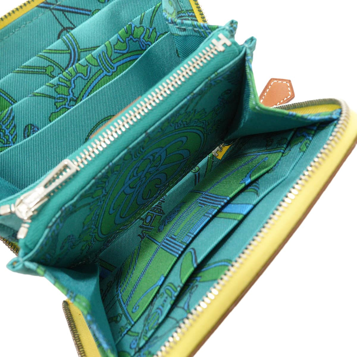HERMES Bi-fold wallet Azap Silk'in Compact Della Cavalleria Jaune Poussin/Bleu Paon Veau Epsom/Veau Barenia/Silk Silver HW Stamp X[EXCELLENT][Authentic]