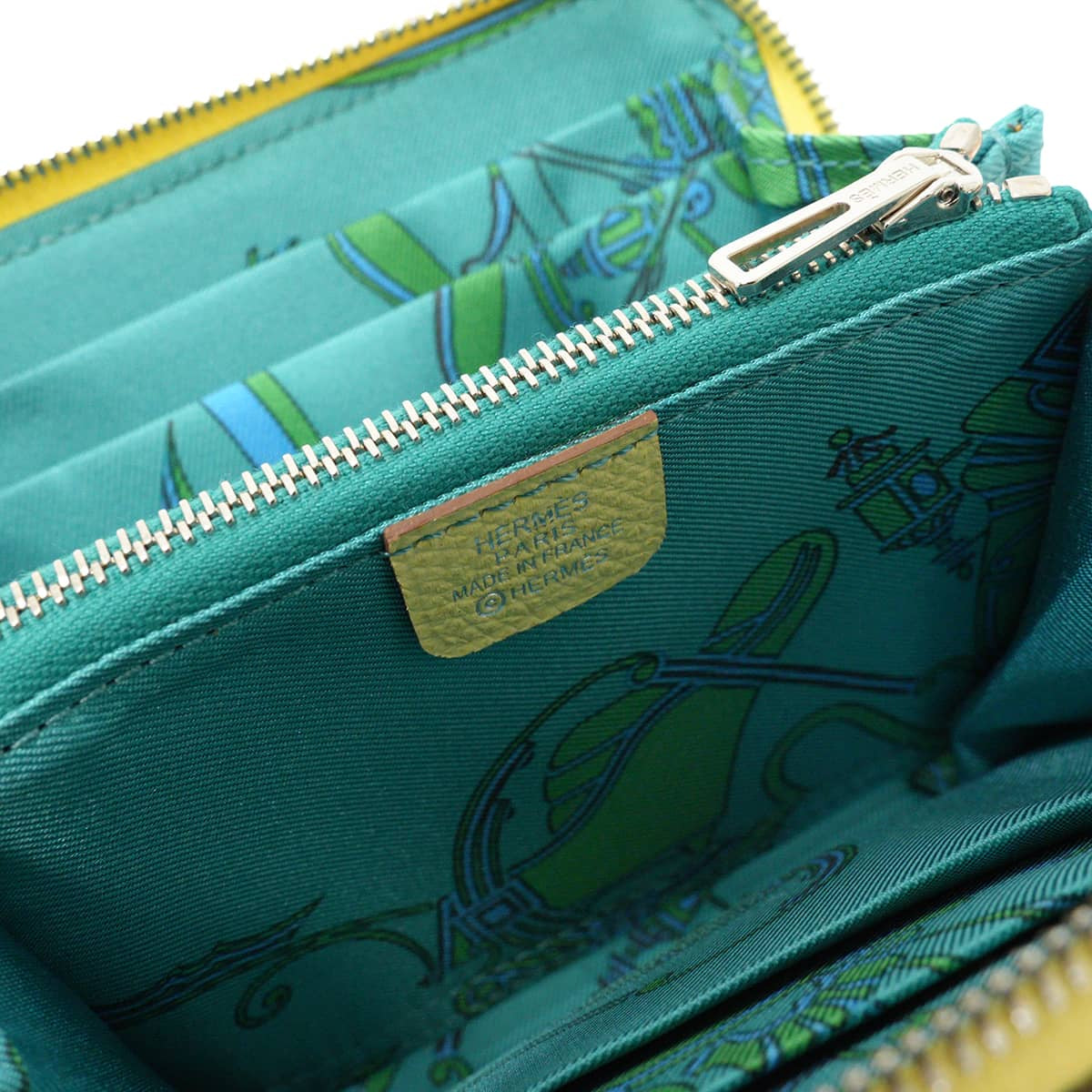 HERMES Bi-fold wallet Azap Silk'in Compact Della Cavalleria Jaune Poussin/Bleu Paon Veau Epsom/Veau Barenia/Silk Silver HW Stamp X[EXCELLENT][Authentic]
