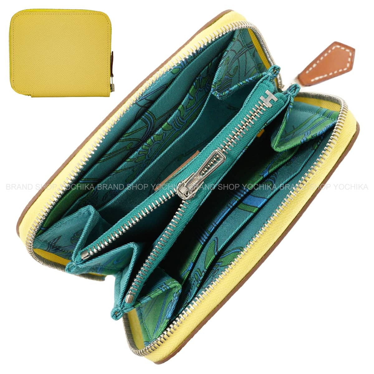 HERMES Bi-fold wallet Azap Silk'in Compact Della Cavalleria Jaune Poussin/Bleu Paon Veau Epsom/Veau Barenia/Silk Silver HW Stamp X[EXCELLENT][Authentic]