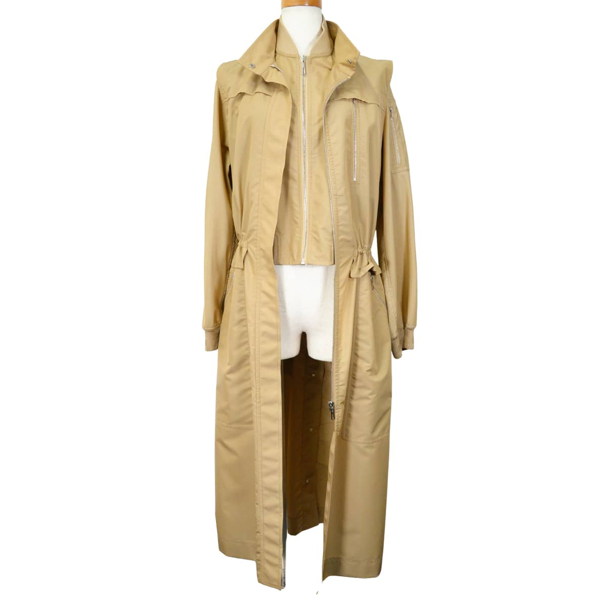 2025SS HERMES Long Gilet & Bomber Jacket Zip Coat 3way Sellier buttons Beige Nylon/Wool #38 Silver HW H5E0117D LGILET[EXCELLENT][Authentic]