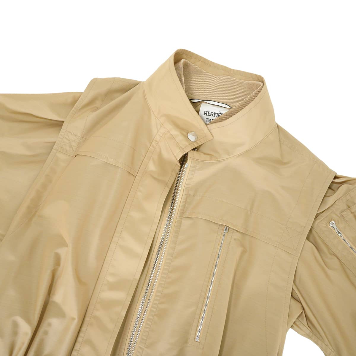 2025SS HERMES Long Gilet & Bomber Jacket Zip Coat 3way Sellier buttons Beige Nylon/Wool #38 Silver HW H5E0117D LGILET[EXCELLENT][Authentic]