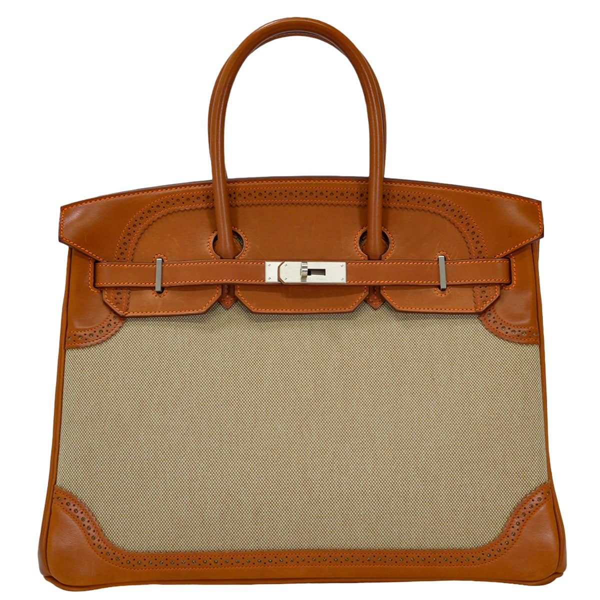 [Pre-loved] HERMES Handbag Birkin35 Ghillies Fauve/Ecru Veau Barenia/Toile H Mat Silver HW Stamp □Q[LIKE NEW][Authentic]