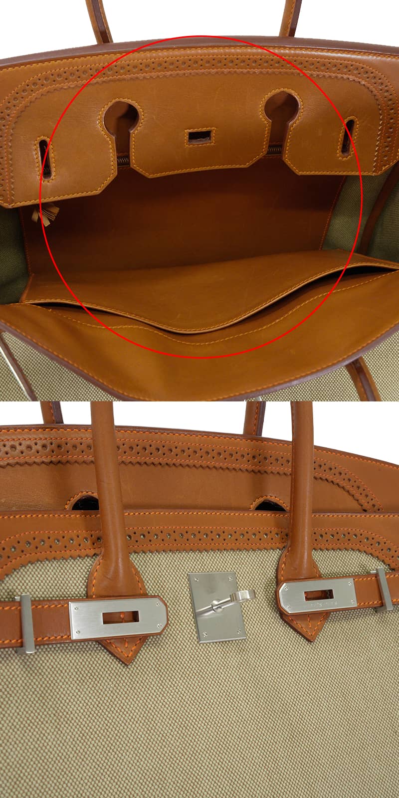 [Pre-loved] HERMES Handbag Birkin35 Ghillies Fauve/Ecru Veau Barenia/Toile H Mat Silver HW Stamp □Q[LIKE NEW][Authentic]