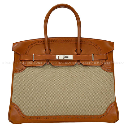 [Pre-loved] HERMES Handbag Birkin35 Ghillies Fauve/Ecru Veau Barenia/Toile H Mat Silver HW Stamp □Q[LIKE NEW][Authentic]