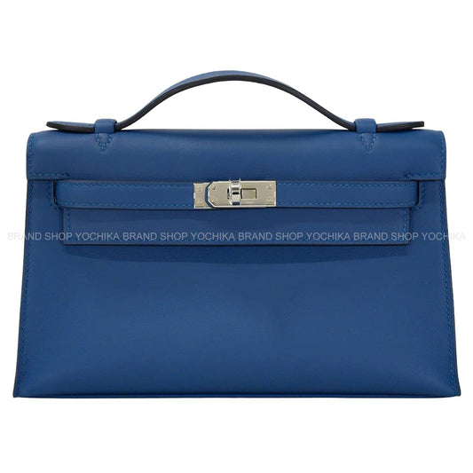 [Pre-loved] HERMES Handbag Pochette Kelly Blue Tie Veau Swift Silver HW Stamp K[LIKE NEW][Authentic]