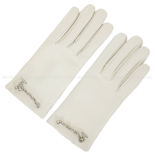 HERMES glove Bonnie Special order HSS with Initials #7.5 Craie Agneau Milo Silver HW[EXCELLENT][Authentic]