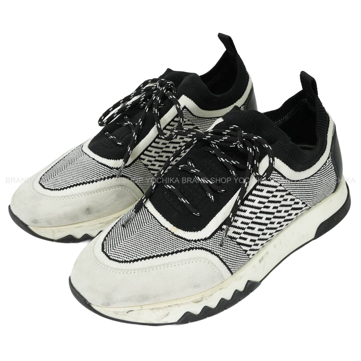 [Pre-loved] 2020SS HERMES sneakers C-Addict Women's Knit Noir (Black)/Blanc (White) #36.5[USED SA][Authentic]