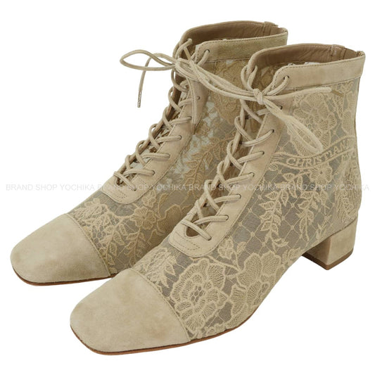 [Pre-loved] Dior boots Short Naughtily-D Beige Technical fabric/Cotton/Suede goatskin 36.5 Silver HW KDI850ROY[LIKE NEW][Authentic]
