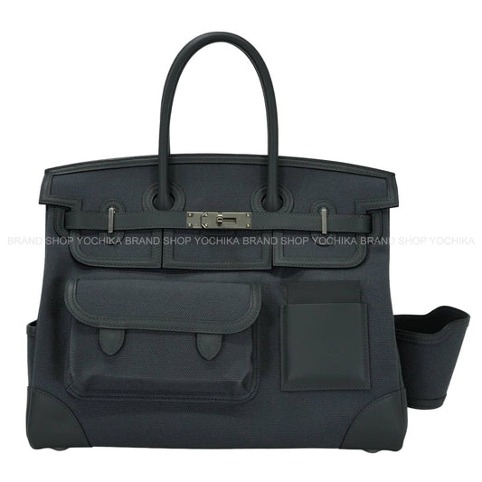 [Pre-loved] HERMES Handbag Birkin35 Cargo pocket Gris Misty Toile Goeland/Veau Swift Silver HW Stamp W[LIKE NEW][Authentic]