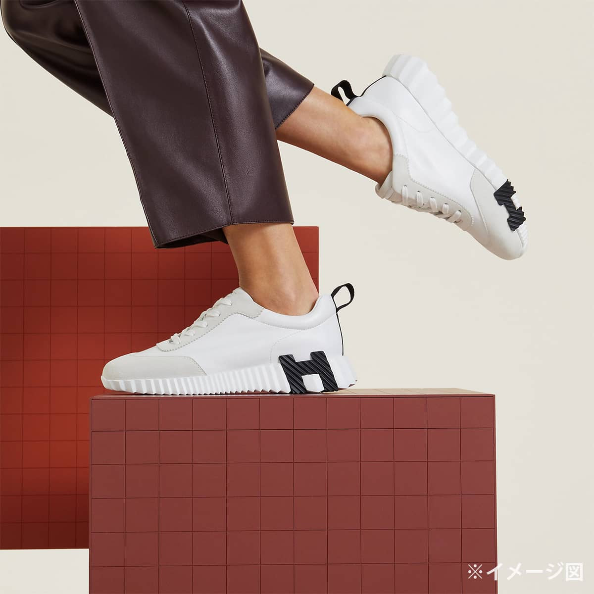 HERMES sneakers Bouncing Blanc (White)/Noir (Black) Calf/Chevre Velours #37[EXCELLENT][Authentic]