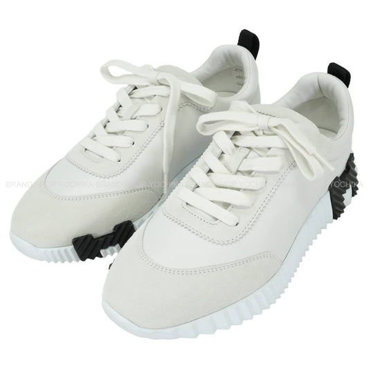 HERMES sneakers Bouncing Blanc (White)/Noir (Black) Calf/Chevre Velours #37[EXCELLENT][Authentic]