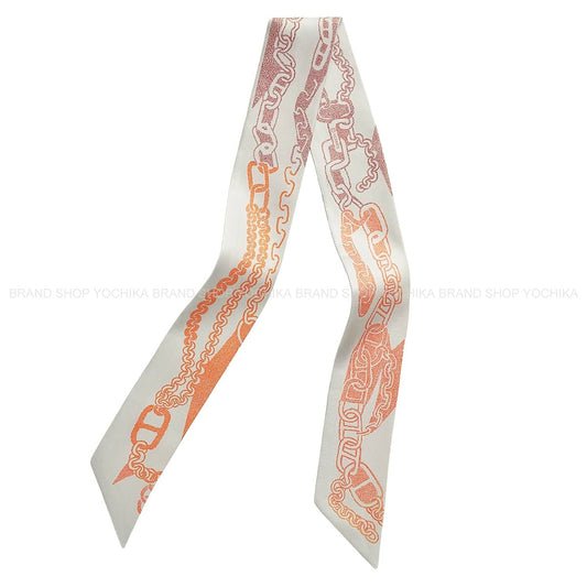 HERMES scarf Twilly Boucle et MaillonsGreige/Brique/Orange Silk100% HTH2607L[BRAND NEW][Authentic]