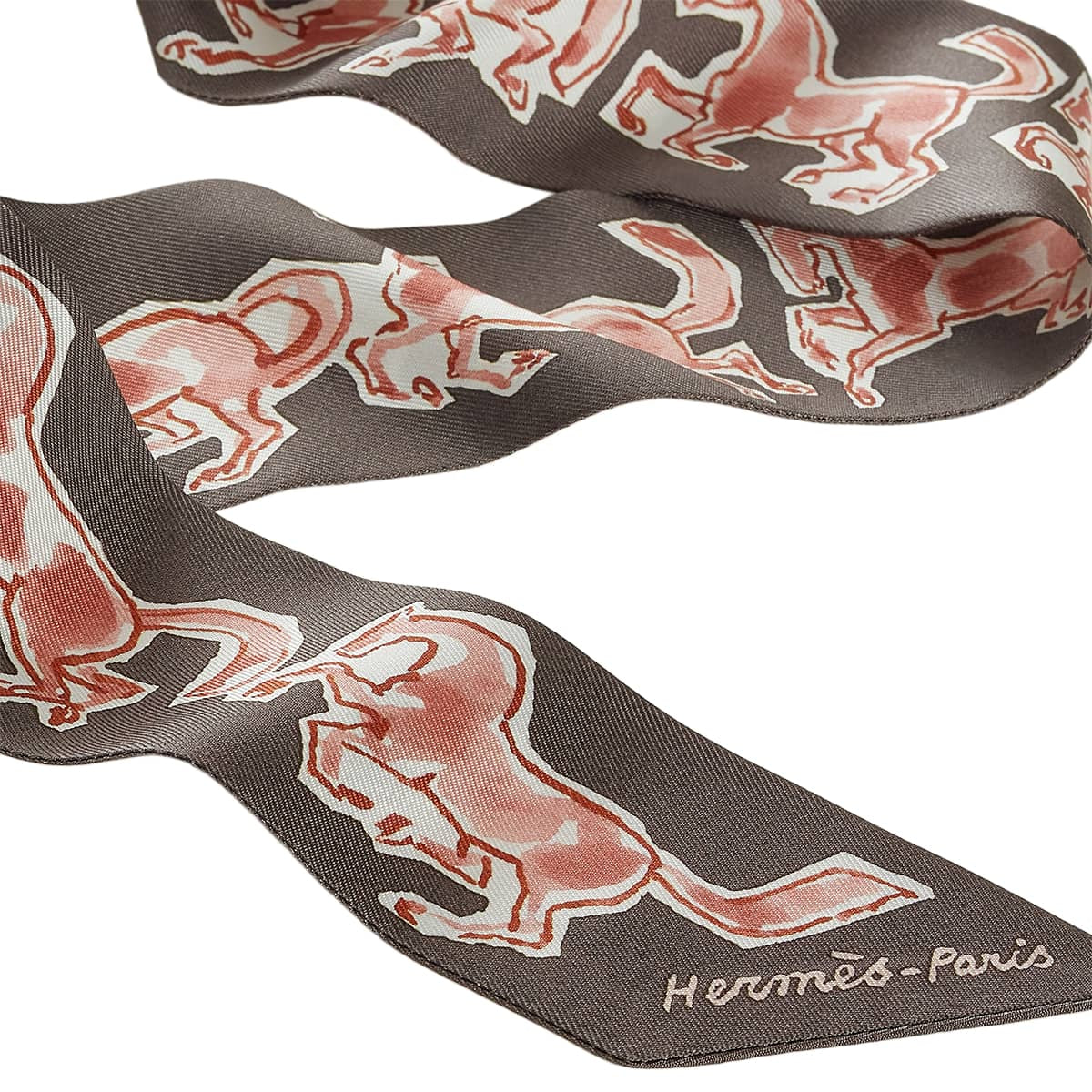 HERMES scarf Twilly Chevaux en LiberteGris Taupe/Vieux Rose/White (Blanc) Silk100% H063803S 24[BRAND NEW][Authentic]