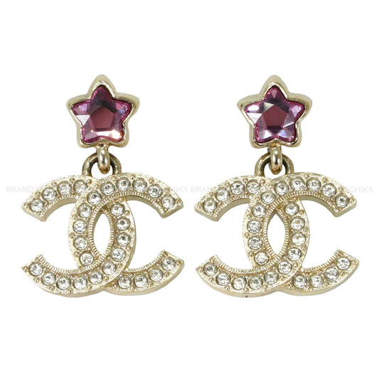 [Pre-loved] CHANEL pierced earring Star Rhinestone COCO Mark Drop Gold/Pink Metal Strass Champagne Gold HW ABF211[LIKE NEW][Authentic]