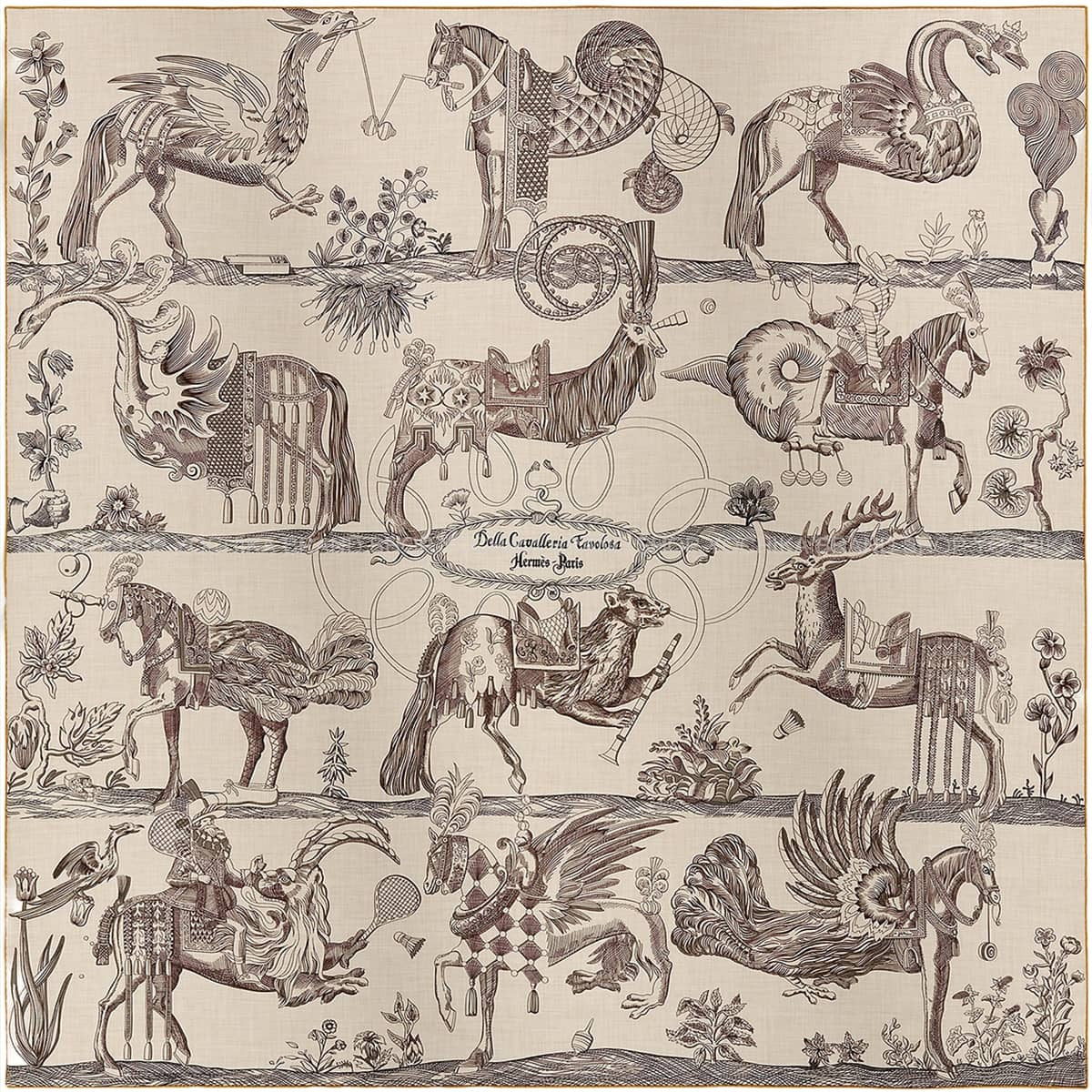 HERMES scarf Carre 140 Dette Cavalleria Favolosa Naturel/Brown/Miel Cashmere/Silk100% H243162S 01[BRAND NEW][Authentic]
