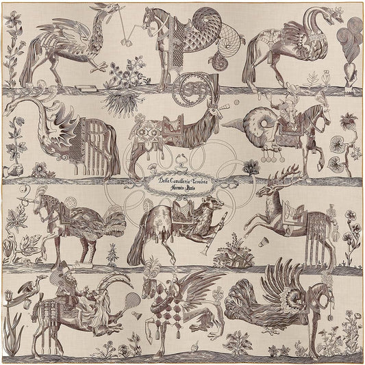 HERMES scarf Carre 140 Dette Cavalleria Favolosa Naturel/Brown/Miel Cashmere/Silk100% H243162S 01[BRAND NEW][Authentic]