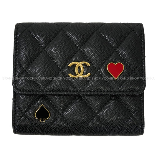 2023 Limited Cruise CHANEL Tri-fold wallet compact small flap playing cards heart Noir (Black) Graind Calf(Caviarskin) Gold HW AP3080[EXCELLENT][Authentic]